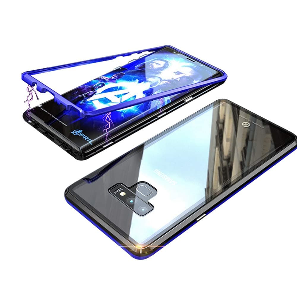 Magnetic Adsorption Case for Samsung Galaxy Note 9 Case Luxury Shockproof Metal Bumper+Transparent Tempered Glass for Samsung Galaxy Note 9 Phone Cover Case Protective Case Shell (Blue+Black)