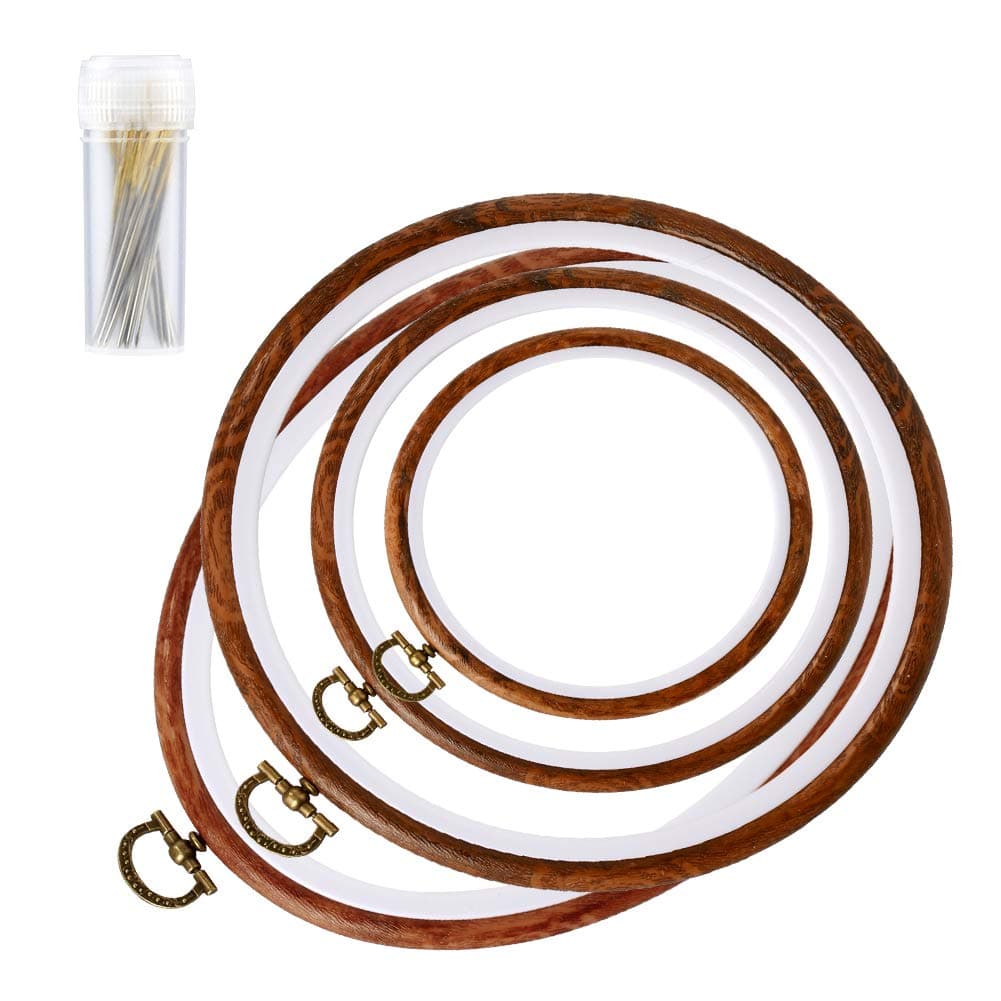 4 Pack Embroidery Hoop Ring, Imitated Wood Display Frame Circle and Oval Embroidery Kits with 30 Pieces Large Eye Embroidery Needles, Quilting Hoop and Cross Stitch Supplies for Sewing and Wall Hang