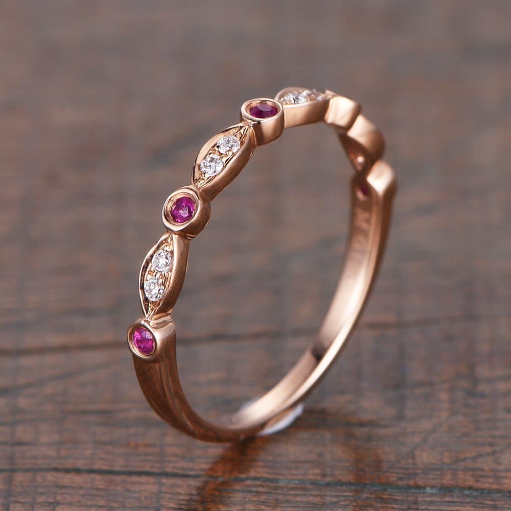 Wedding Bands Ruby Ring Rose Gold Art Deco Engagement Bridal Women Half Eternity Dainty Delacate