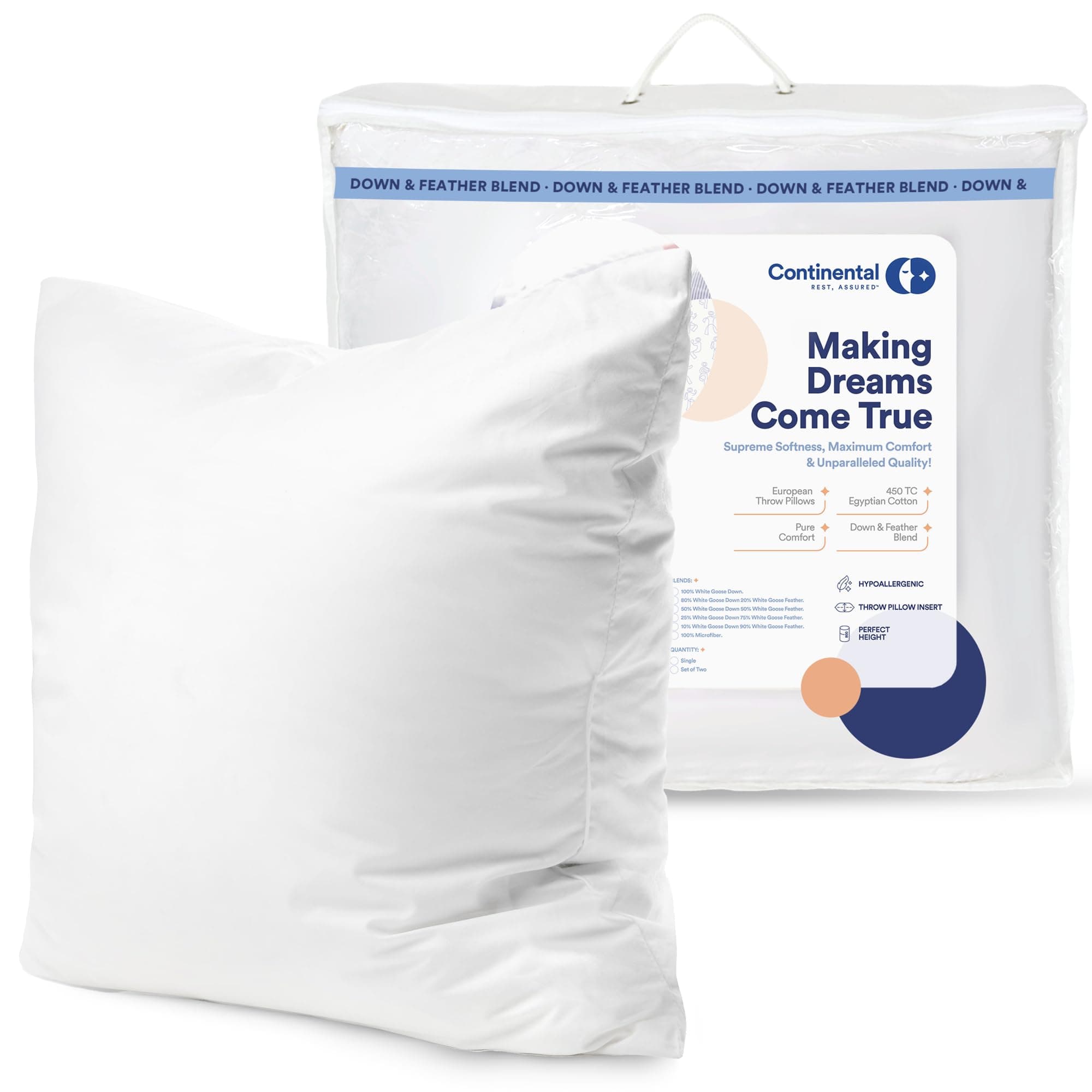Continental Bedding | 50/50 Down and Feather Blend Throw Pillow Insert | 100% Cotton 250TC Shell | Medium Loft Decorative Cushion | 26x26 | 1 Pack
