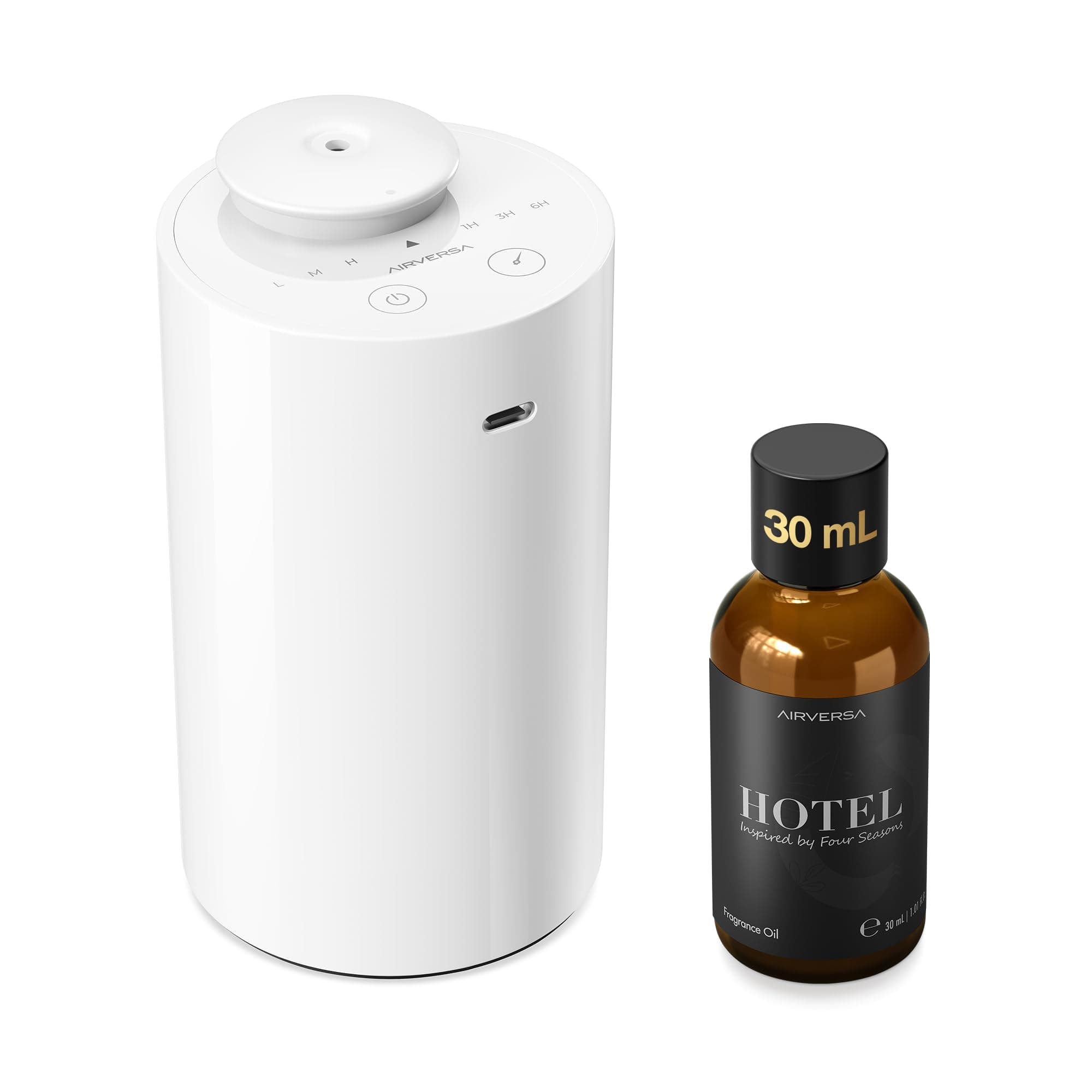 Waterless Essential Oil Diffuser Starter Kit with 30mL Hotel Fragrance Oil Inspired by Four Season, Battery Operated Car Diffuser, Portable Aroma Nebulizer for Home Car Office, AN6Kit-B, White