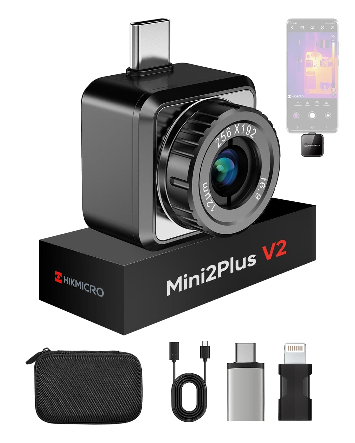 HIKMICRO Mini2Plus V2 Thermal Camera - iOS/Android, 256x192 IR Resolution, SuperIR, Adjustable Lens, 25Hz, No Battery, for Phone/Tablet/PC, USB-C/Lightning Port (Adapter Included, Support iPhone 17)