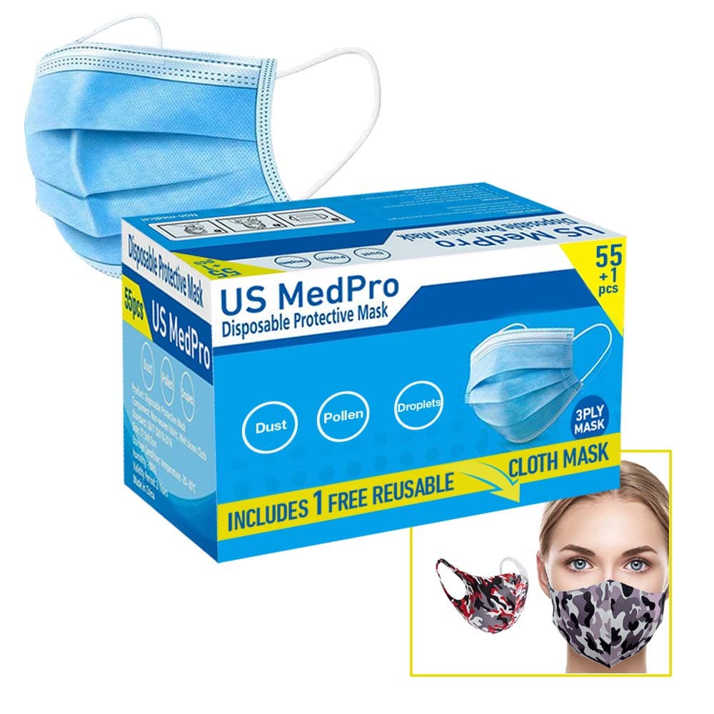 1 Reusable + 55 Pack Disposable Face Mask Office Industrial 3-Ply Layer Filter System with Earloops Outdoor Facial Protection (Packed in 11 Individual Packs of 5)…