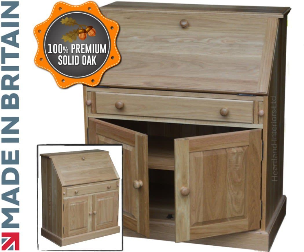 100% Solid Oak Bureau, 3ft Handcrafted Writing Desk. Heartland Oak, No flat packs, No assembly (TWB-OK3)