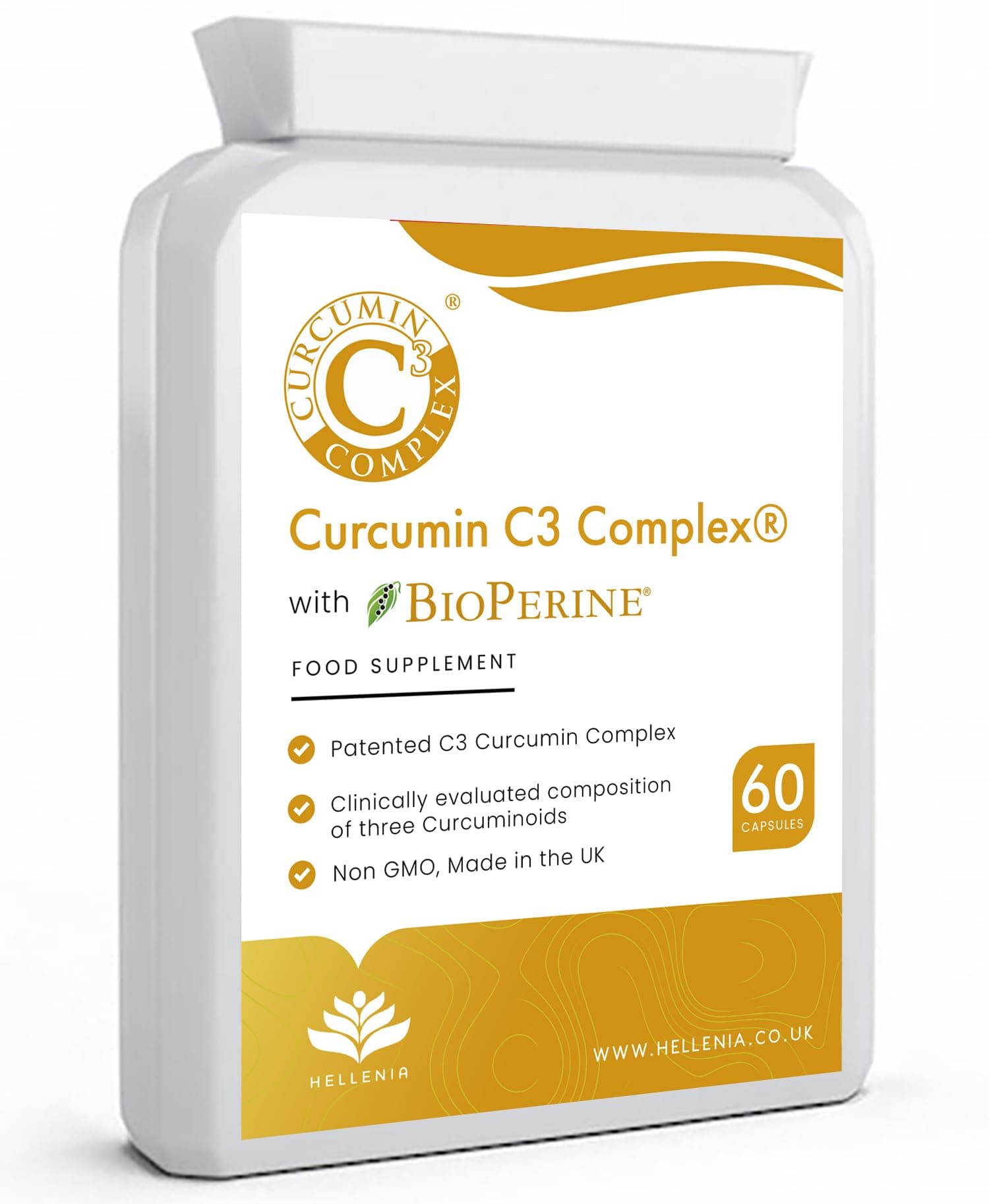 – Turmeric - Curcumin C3 Complex® with BioPerine® - 60 Capsules | High Strength Curcumin Supplement | Turmeric Capsules - Suitable for Vegans - Made in The UK by Hellenia