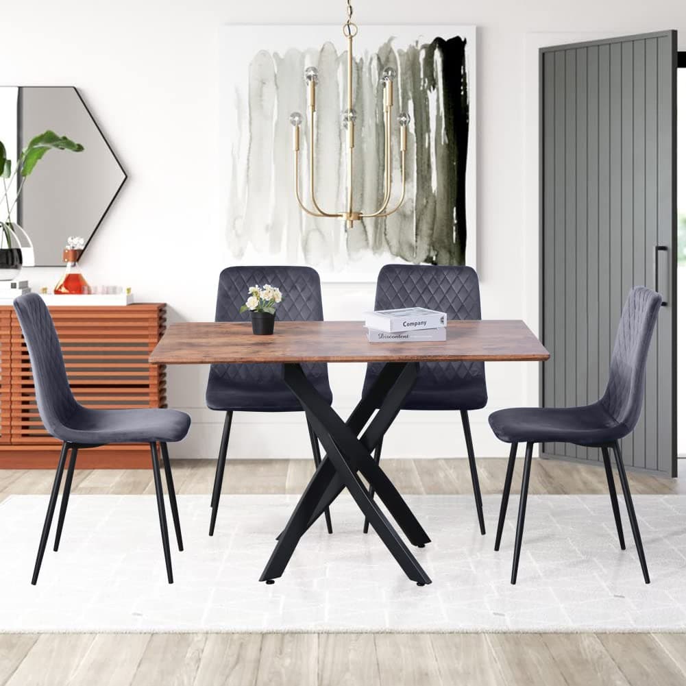 GOLDFAN Wooden Dining Table and 4 Chairs Rectangular Industrial Style Kitchen Table and Velvet Upholstered Chairs Home Office,Grey/120CM