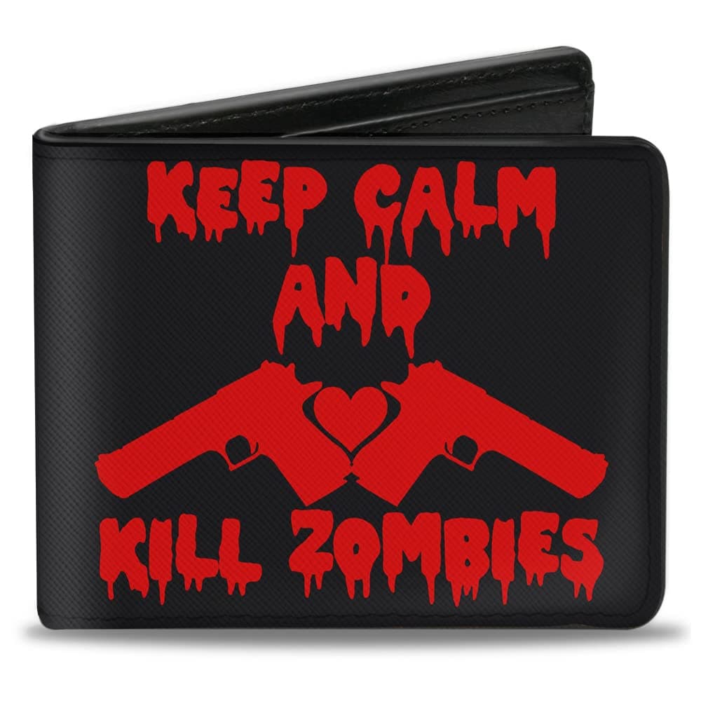 Buckle-Down Men's Wallet, Bifold, Keep Calm and Kill Zombies Guns Heart Black Red, Vegan Leather, 4.0" x 3.5"