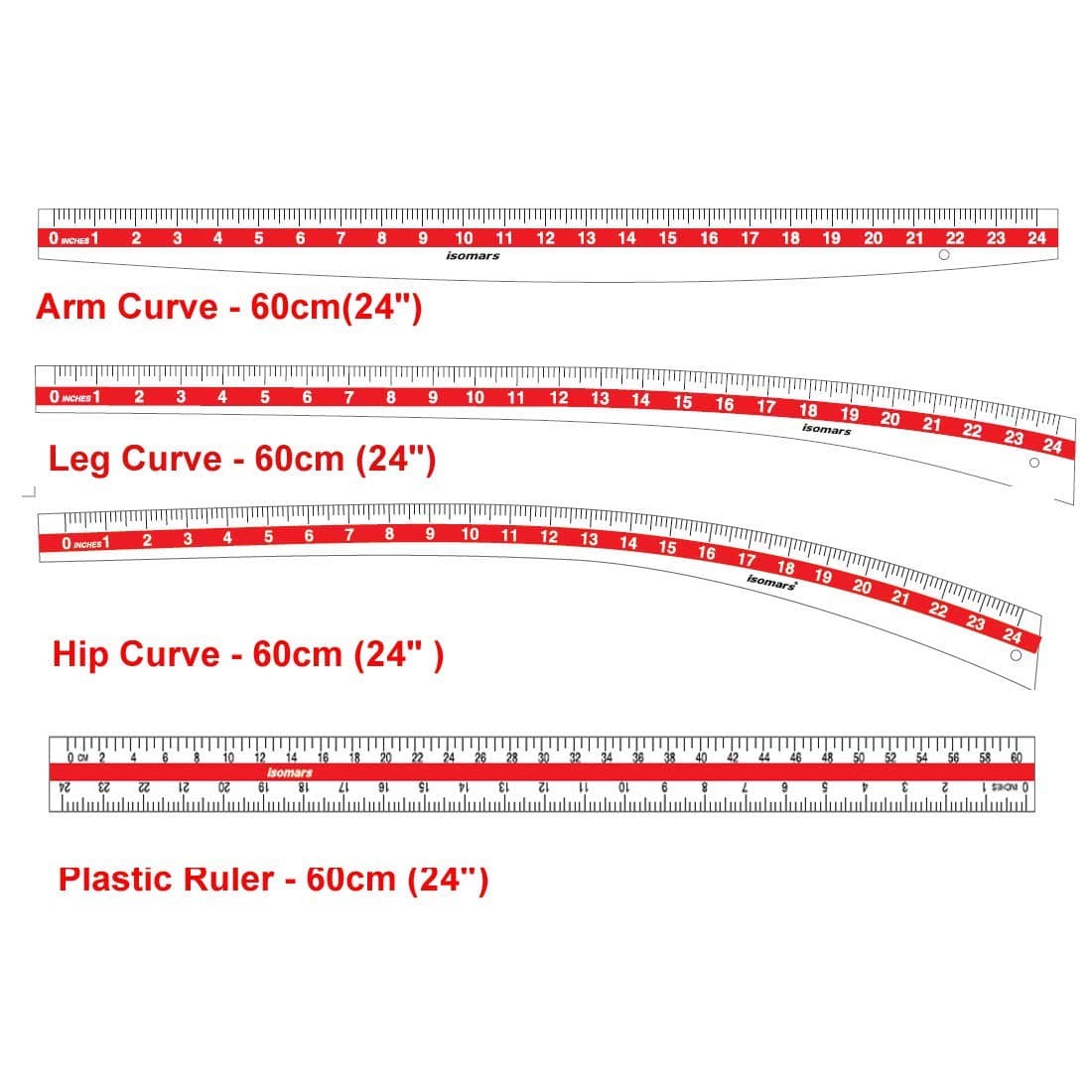 Pmw - Tailoring Scale Set of 4 - Arm Curve 60 cms 24" - Leg Curve 60 cms 24" - Hip Curve 60 cms 24" - Ruler 60 cms 24"
