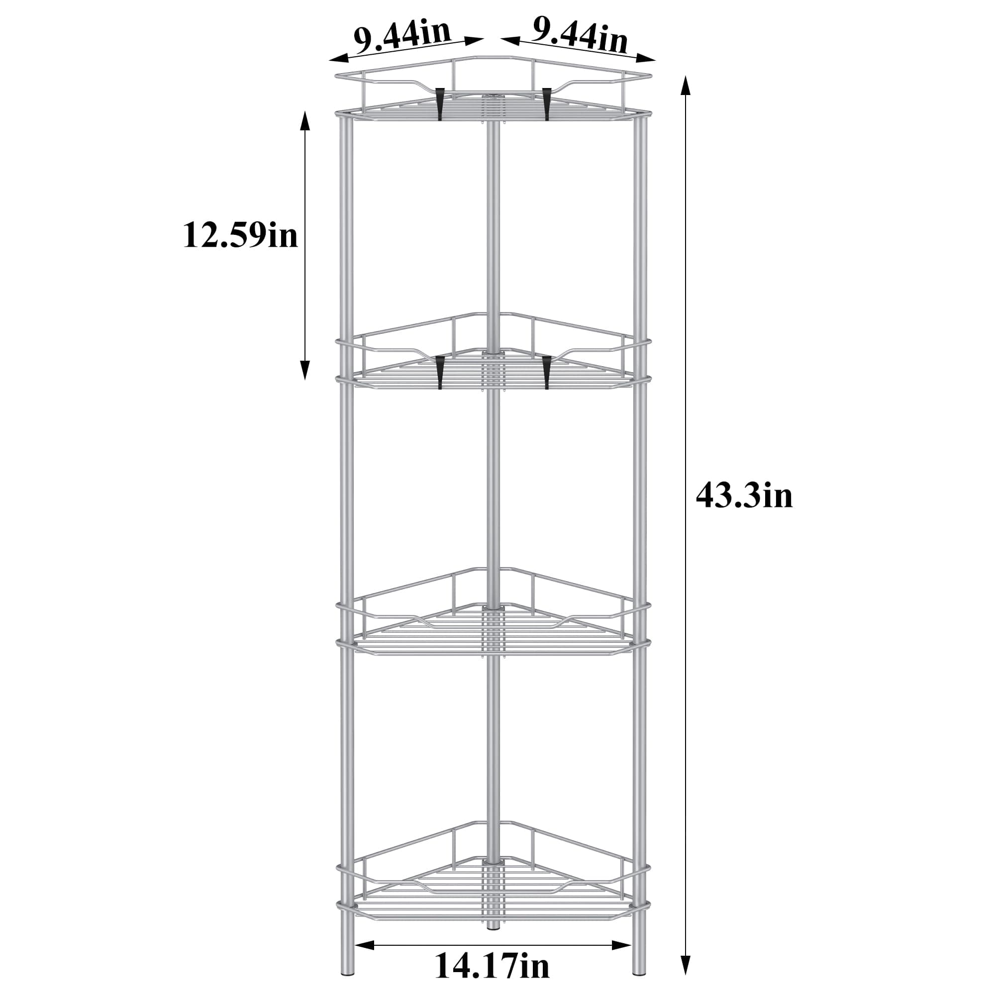 HuggieGems 4 Tier Floor Standing Corner Shower Caddy Organizer Shelf with Hooks, Bathroom Shelves Stand Rack, Silver