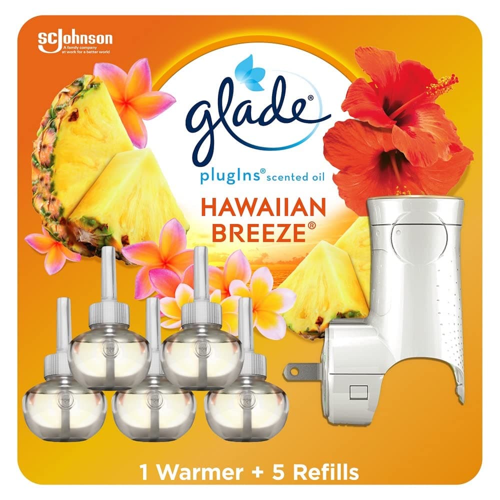 PlugIns Refills Air Freshener Starter Kit, Scented and Essential Oils for Home and Bathroom, Hawaiian Breeze 3.35 Fl Oz, 1 Warmer + 5 Refills