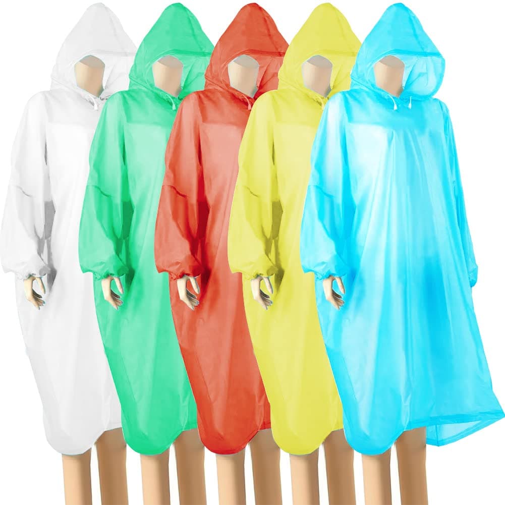 wehers5 Pack Disposable Rain Ponchos - One Size Rain Poncho Waterproof Emergency Raincoats Rain Poncho Adult Rain Coats With Hood and Sleeves Ideal for Festivals, Camping, Fishing, Theme Parks