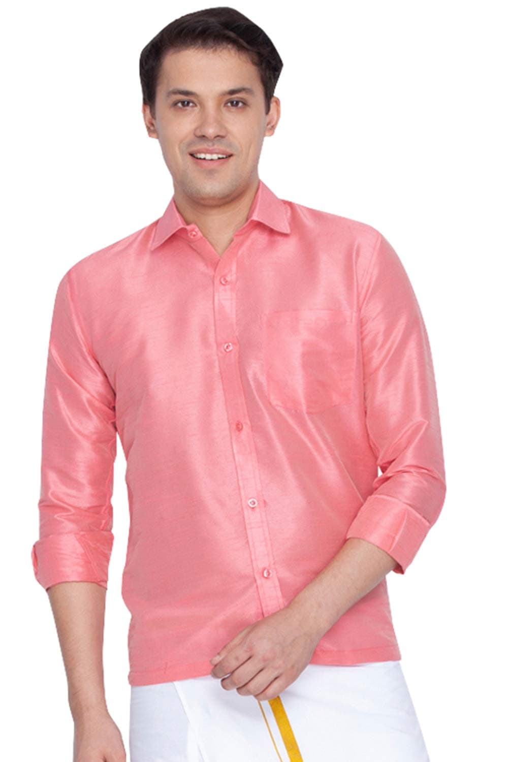 VASTRAMAY Men's Pink Silk Blend Ethnic Shirt Full Sleeves, South Indian Traditional Chennai/Madras Shirt, For Festive, Wedding, Casual & Party Wea (S - XL)