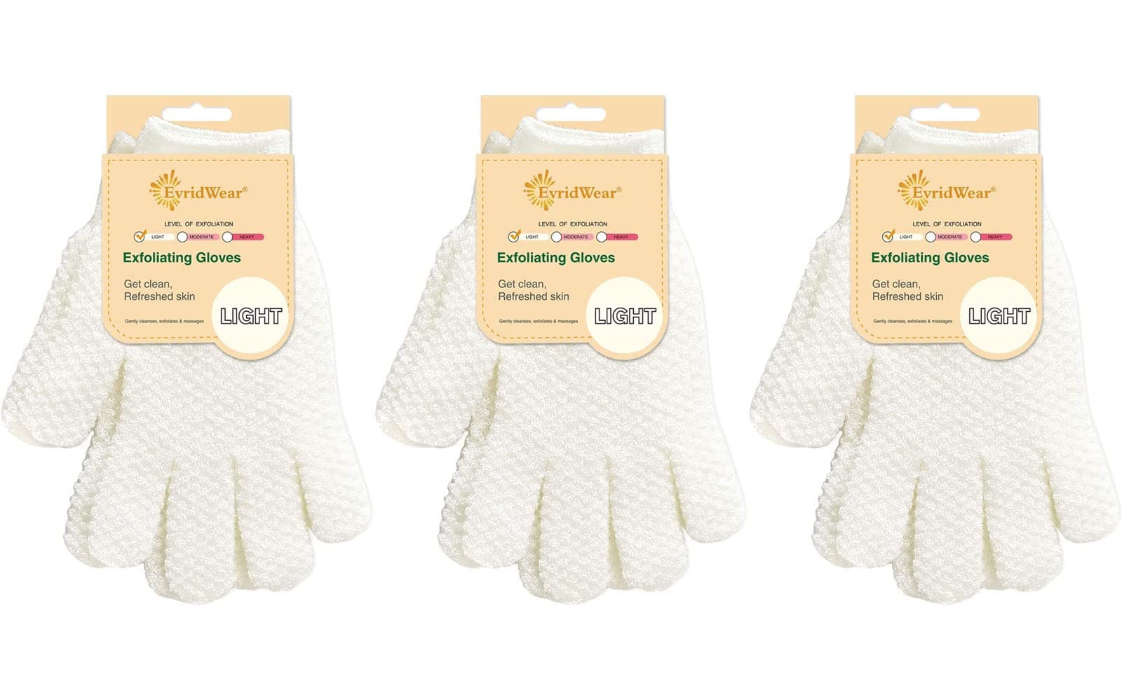 Evridwear Exfoliating Gloves for Shower, 100% Nylon Thick Soft Medium Heavy Bathing Gloves Dead Skin Remover Body Scrubber Smooth Skin with Hang Loop (White Gentle Exfoliation- 3 Pairs)