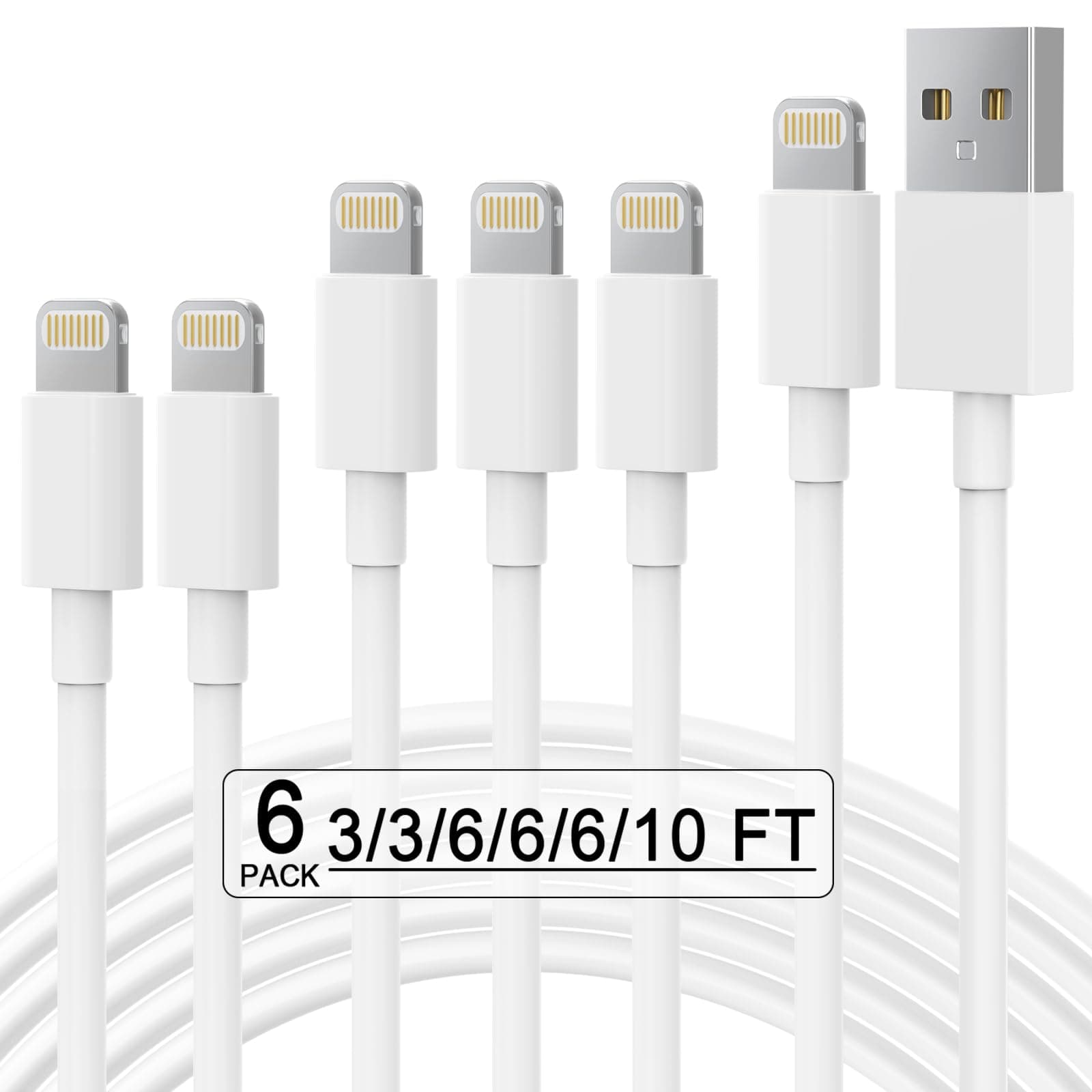 Apple MFi Certified 6Pack(3/3/6/6/6/10 FT) iPhone Charger Fast Charging Lightning Cable iPhone Charger Cord Compatible for iPhone 14/13 /12/11 Pro MAX/XR/XS/8/7/Plus/6S/SE/iPad More