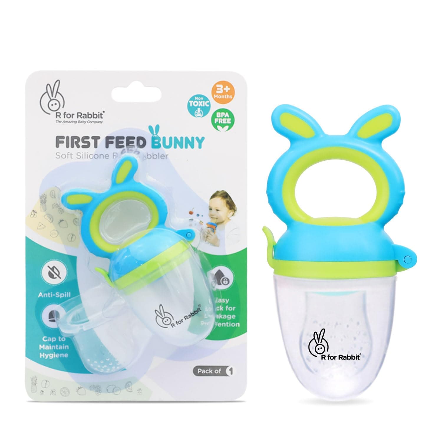 R for Rabbit First Feed Bunny Nibbler Soft Silicon Chewing Fruit Feeder for Babies | Baby Fruit & Food Veggie Teether |Hygenic & BPA Free | Pacifier for Infant 3+ Months (Green-Blue)
