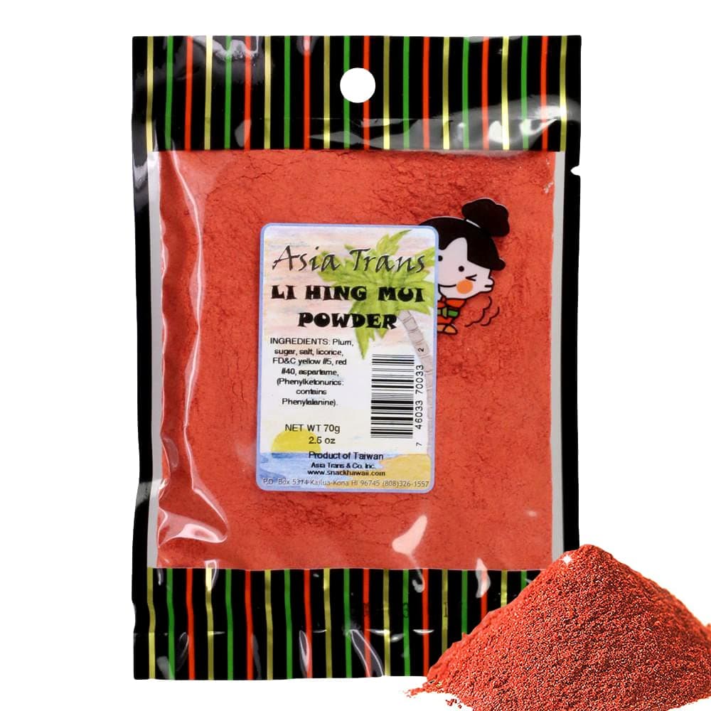 Authentic Red Li Hing Mui Powder - Flavor Fresh Fruit, Candy, Shave Ice or Cocktail Drinks - Sweet, Sour & Salted Dried Plum Powder - Famous Asian Hawaiian Snack - 2.5 Ounce