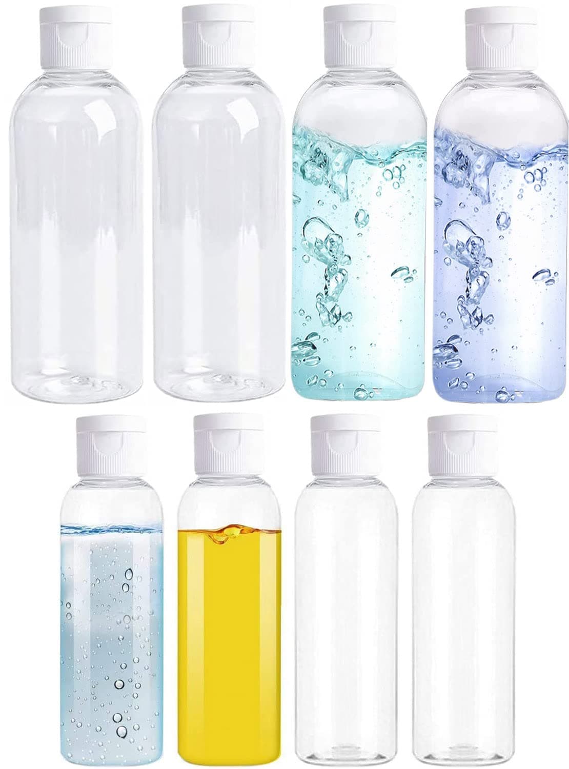 valuxe Pack of 8 Travel Bottles Plastic Empty | Clear Refillable Bottles with Disc Top Flip Cap, Portable Travel Containers Set for Toiletries Leak Proof Travel Office Camping 100 ML 4PCS + 50 ML 4PCS
