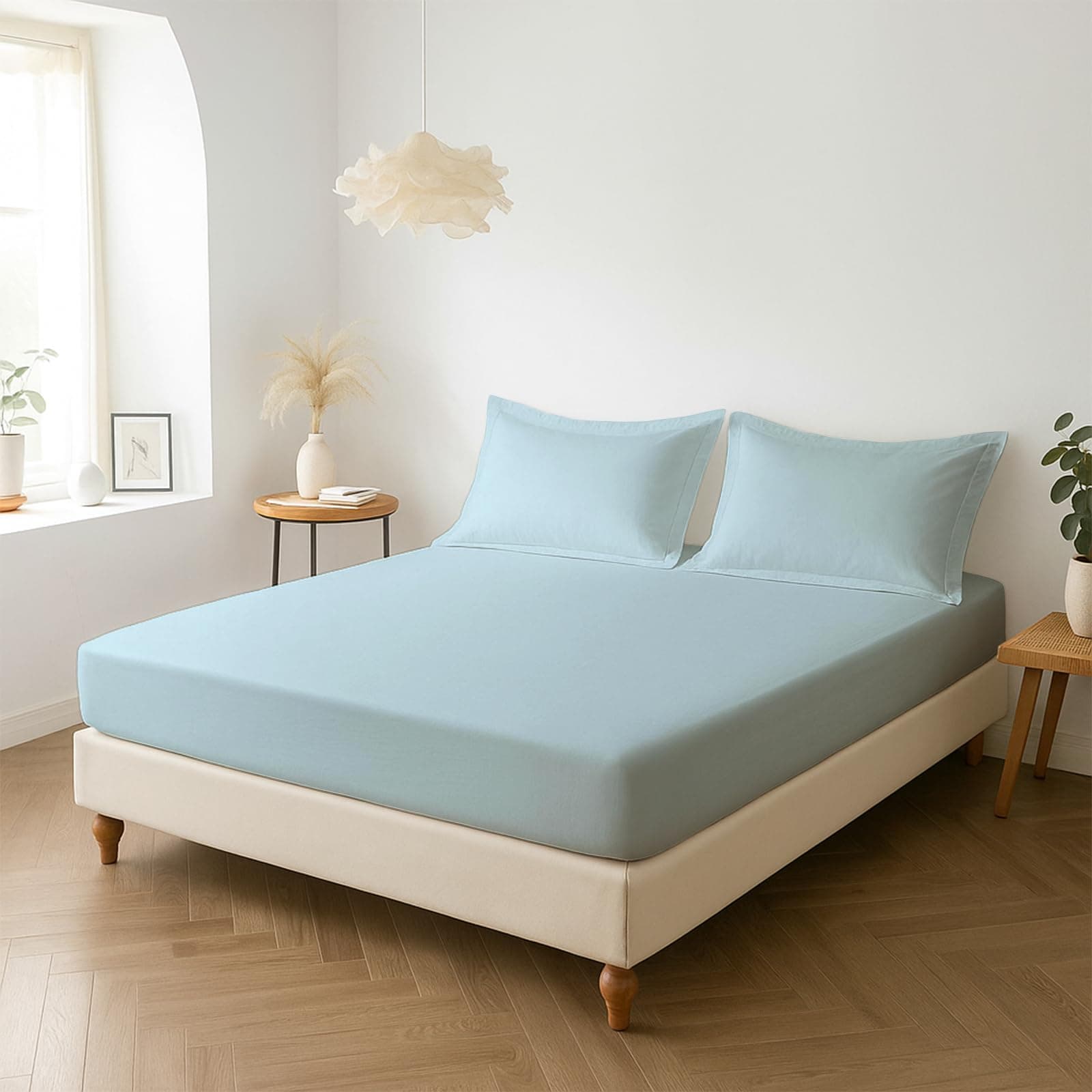 Pizuna Percale Fitted Sheet King Size 150x200 cm with 2 Pillowcases, Baby Blue, 100% Long Staple Cotton, Crisp Percale Weave, 40 cm Deep Fitted King Size Sheet