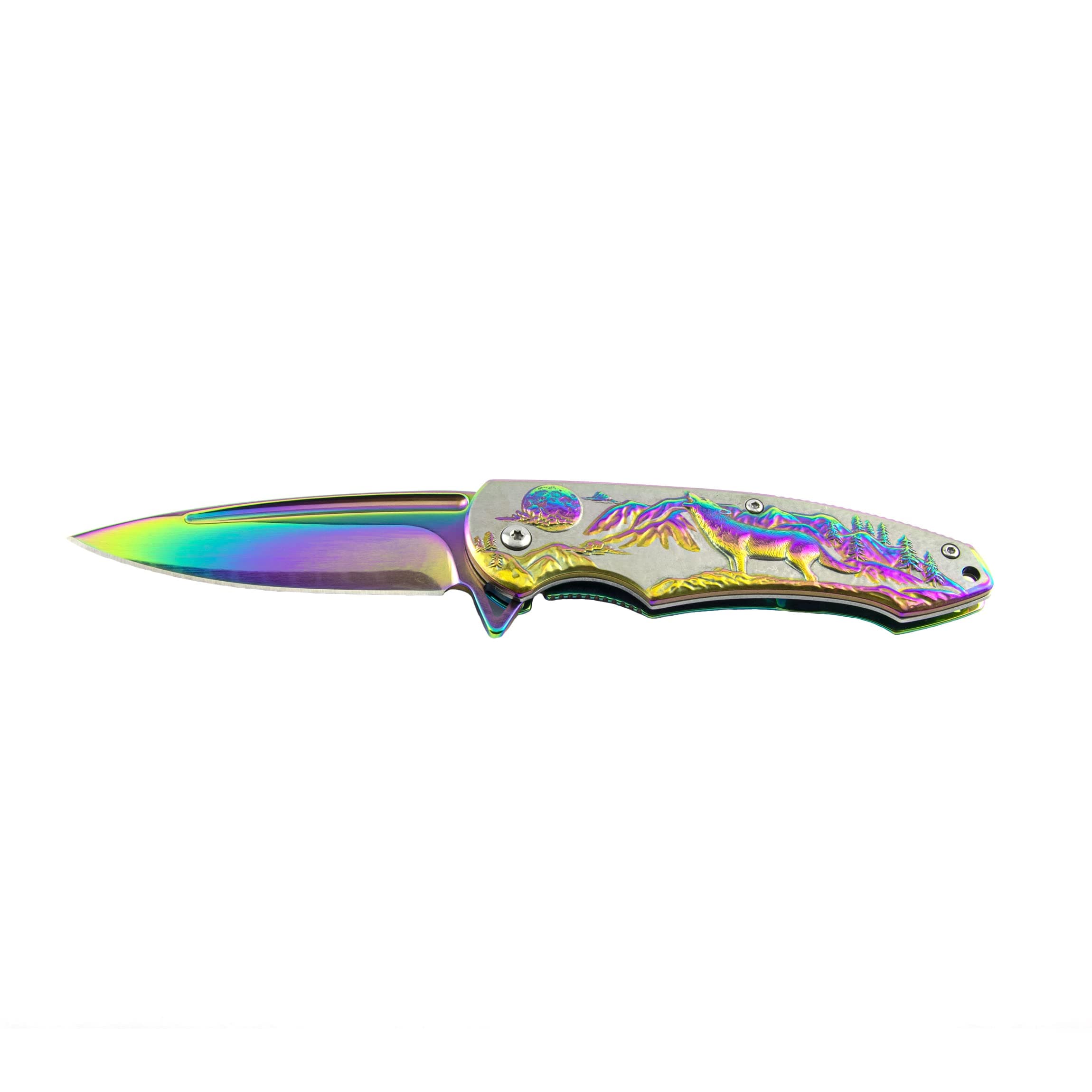 7-3/4" Wolf Design Spring Assist Pocket Knife Stainless Steel Rainbow Finish