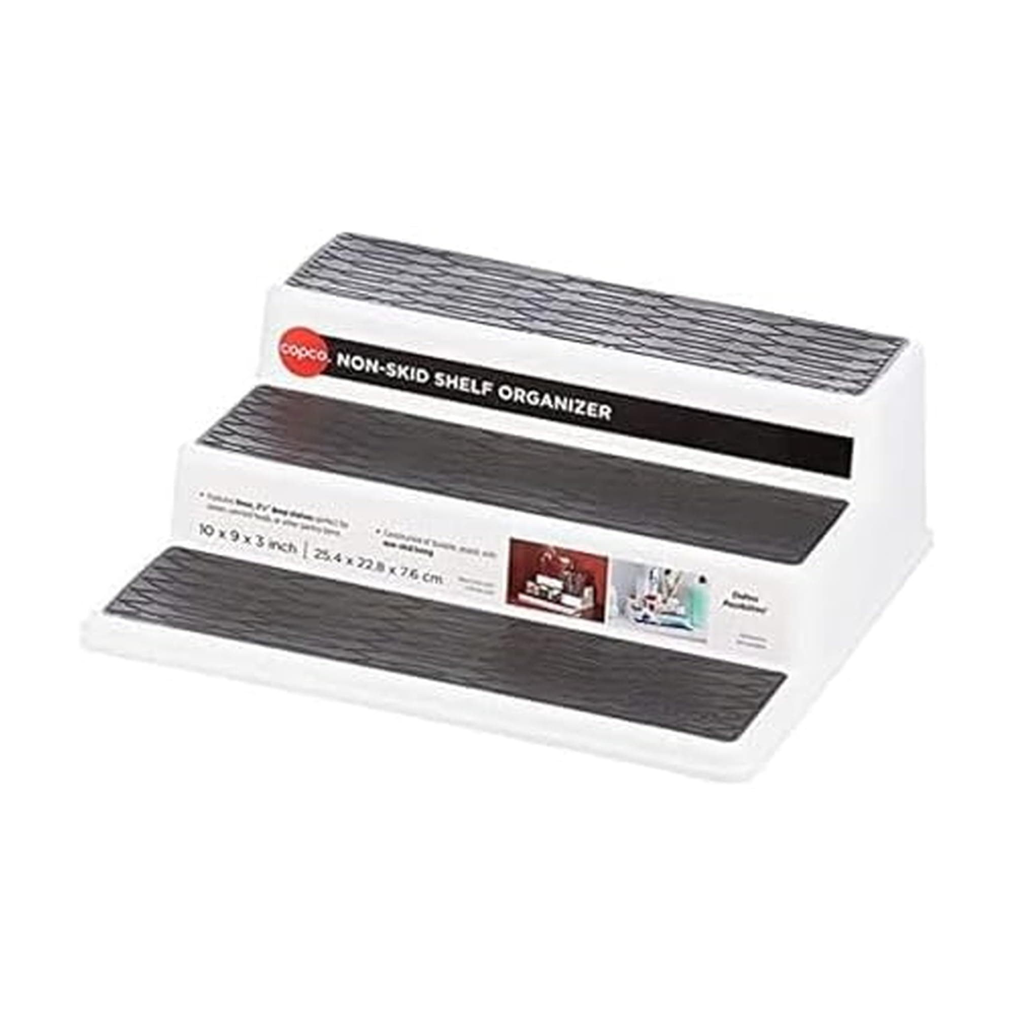 Copco Non-Skid 3-Tier Spice Rack Organizer for Cabinet - 10 Inch Kitchen Pantry Organizer with Raised Rims, White and Gray Step Shelf for Spices, Cans, Jars - Easy Clean Storage Solution