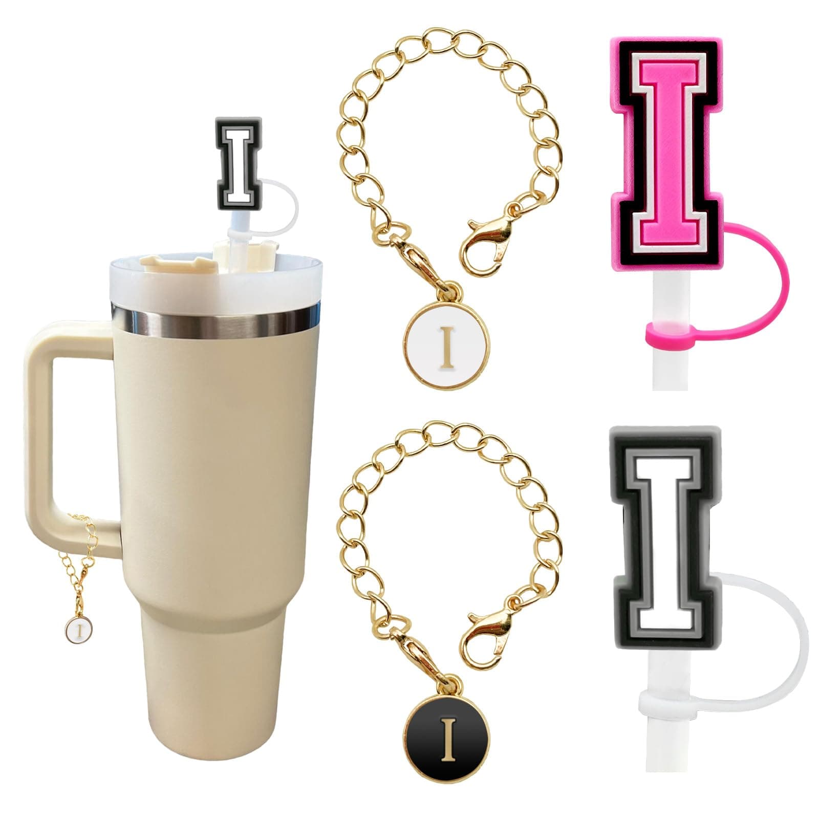 (2+2)2PCS Straw Cover for Stanley Cup 30&40 Oz 10mm Straw Topper with 2PCS Stanley Cup Accessories Letter Charms Name ID Initial Letter Handle Personalized Charm For Stanley Tumbler (Letter I)