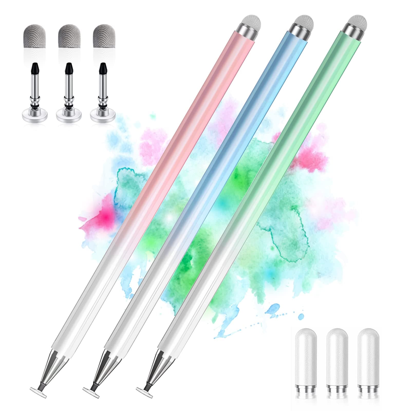 Stylus Pens for Touch Screens, 2 in 1 High Precision Universal Stylus Pen for iPad Compatible with Apple, iPhone, iPad, Android, Samsung Tablets, Phones, 3 Pack -Blue, Green, Pink