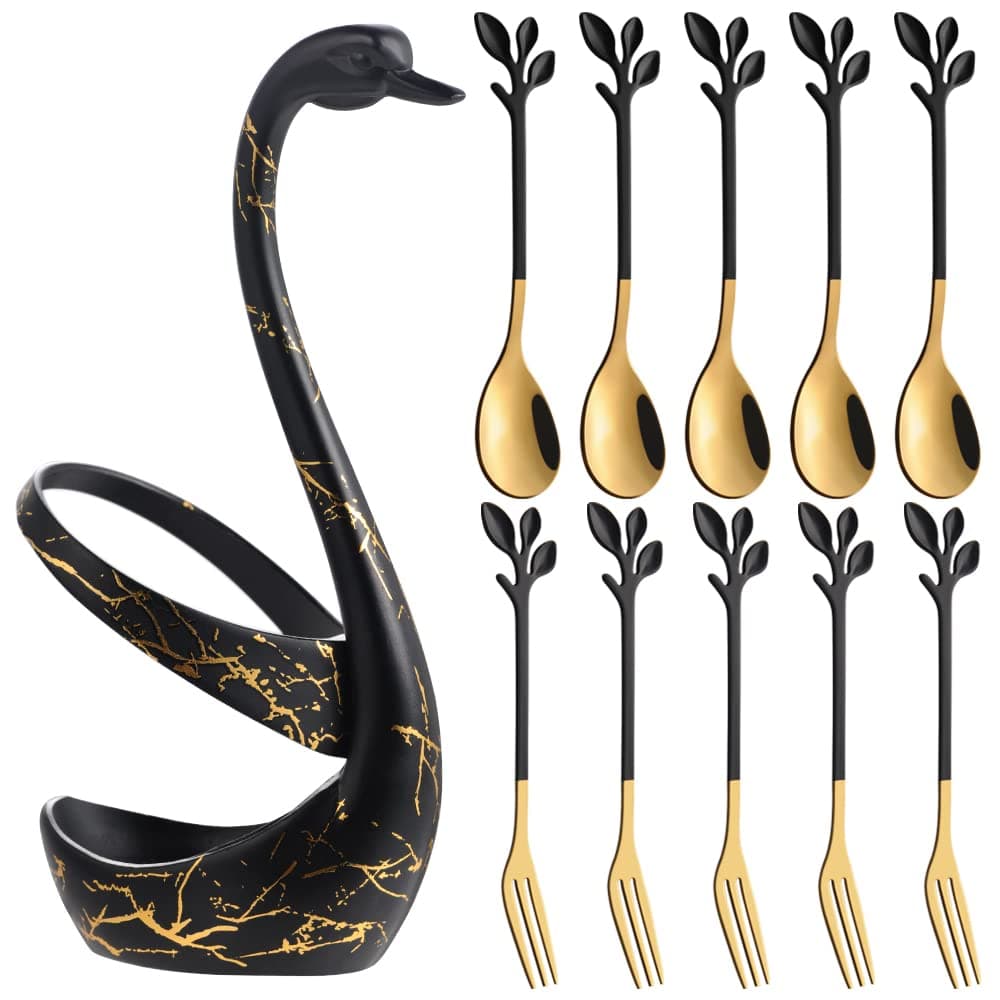 Black Swan Base Holder Set with 10 Pcs 4.7" Mini Black & Gold Leaf Teaspoons & Dessert Forks - Perfect for Appetizers,Salads,Cakes,Fruits,Tea,Espresso - Beautify Your Charcuterie Board Layout