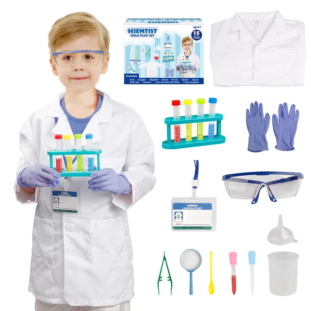 Scientist Costume for Kids, Lab Coat with Science Experiment Kit, Dress Up & Pretend Play for Boys Girls Ages 4 to 8 Years Old