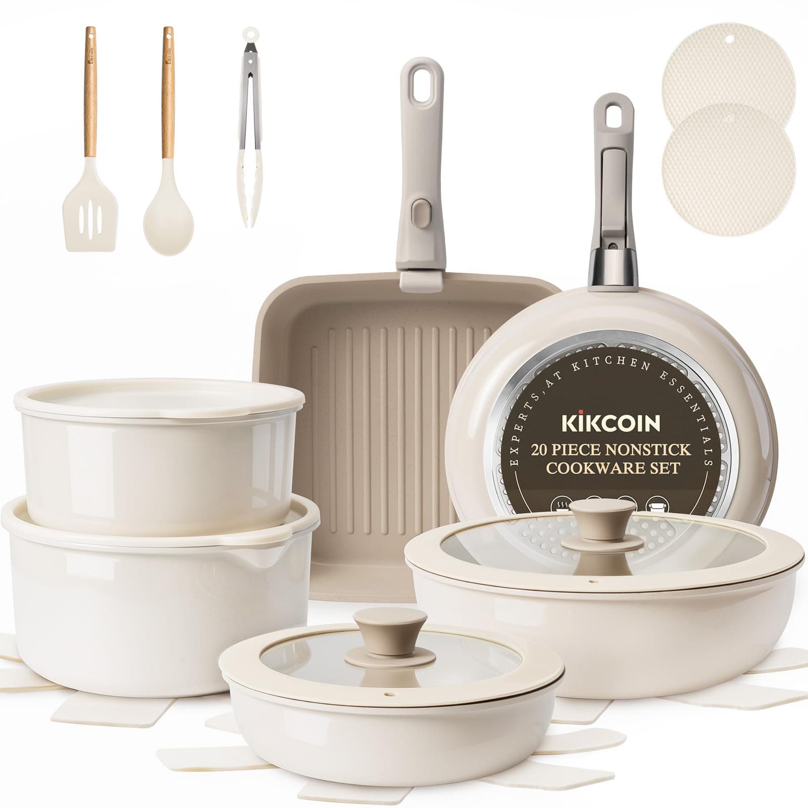 𝙉𝙊𝙉𝙎𝙏𝙄𝘾𝙆 22 Pcs Pots and Pans Set Non Stick, Detachable Handle Cookware Sets Nonstick, Non Toxic Induction RV Kitchen Cooking Set with Removable Handles, Dishwasher/Oven Safe (Beige/Taupe)