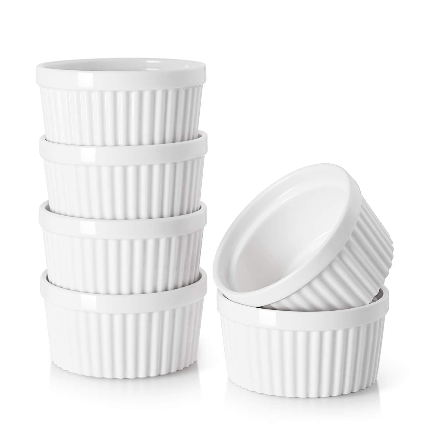 DOWAN Ramekins 4 oz Oven Safe for Creme Brulee Souffle, Porcelain Custard Cups Ramiken for Baking, Classic Style Ramekins Bowls, Set of 6, White