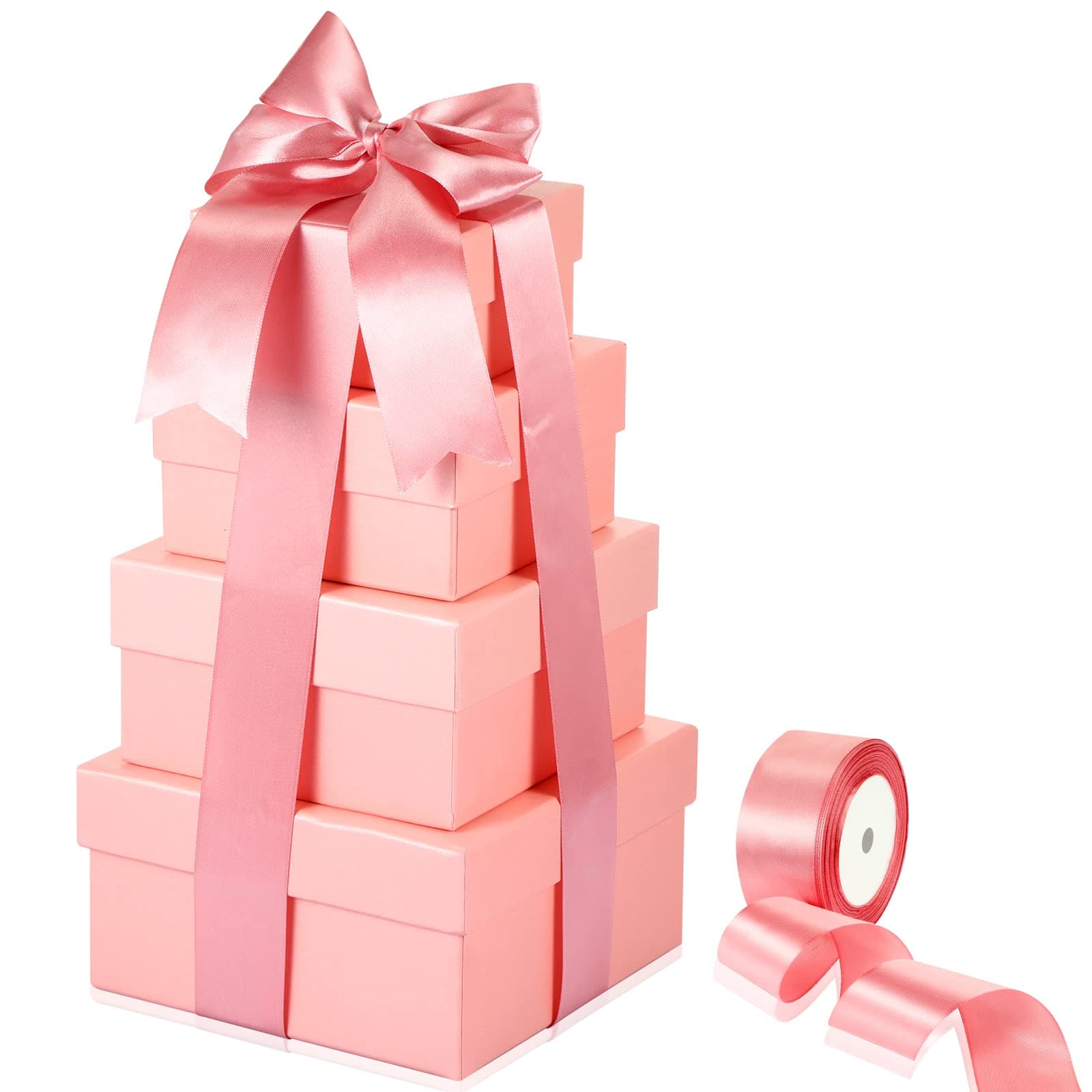 ギフトボックス ふた付き 入れ子型 ギフトボックス 正方形 硬質ギフトボックス 入れ子型 4個セット 4 x 4 x 2.2 から 6.3 x 6.3 x 3.3インチ 1ロールリボン付き ブライダル ブライズメイド 結婚 記念日 クラフト用 (ピンク)
