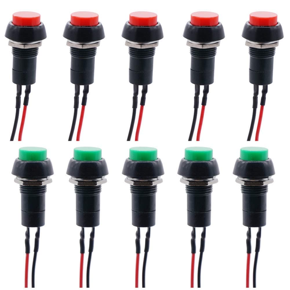 RUNCCI-YUN 12mm momentary switches,Round Push Button Switch,red Button,momentary Power Switch,Push Button Switch 12v, 3A 250V 2 Pin Mini switches,with Pre-soldered Wires (10pcs)