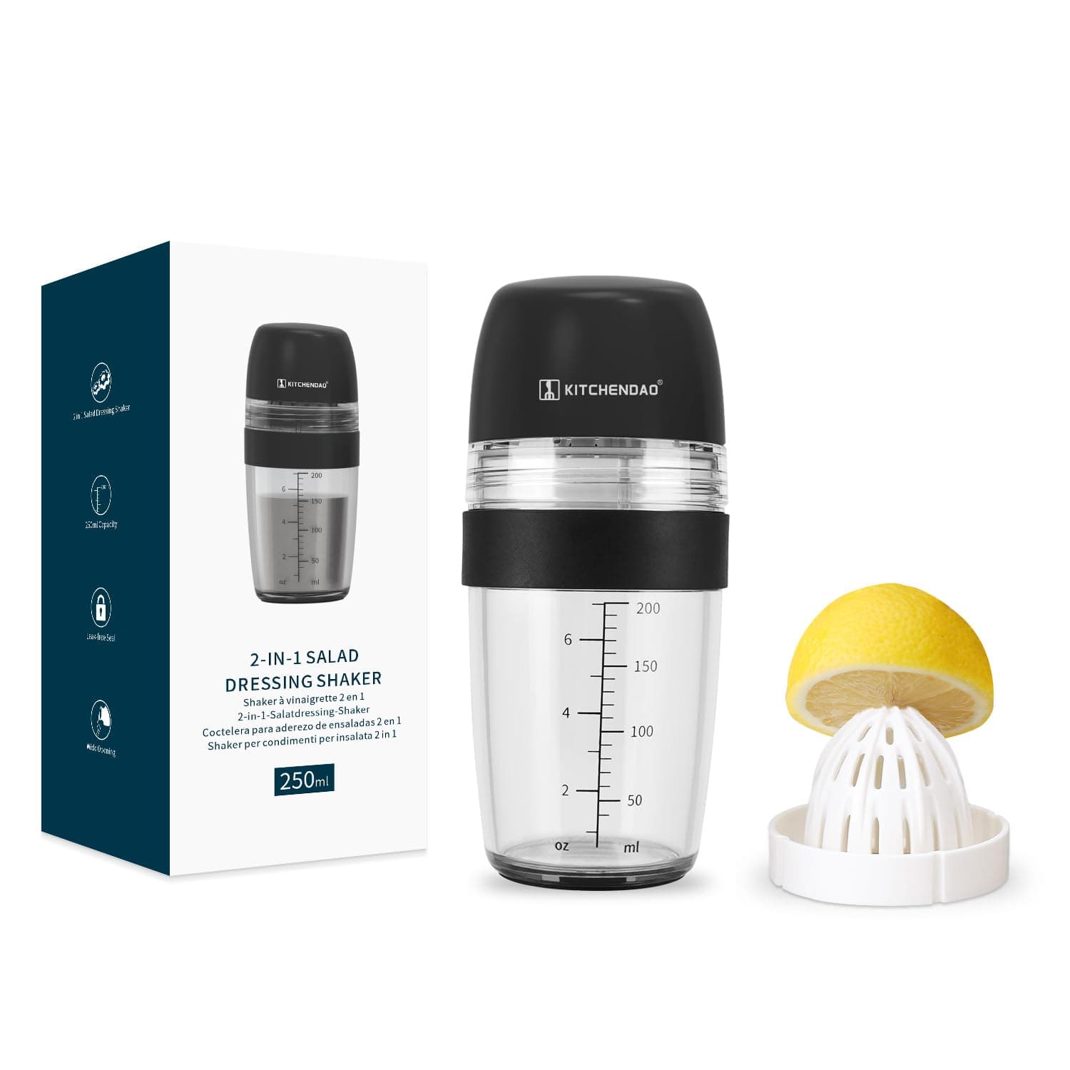 2 in 1 Salad Dressing Shaker Container with Juicer, Pour Spout, LeakprooF, Soft Grip, Dishwasher Safe, Homemade Oil and Vinegar Salad Dressing Bottle Mixer Dispenser, BPA Free 1 Cup, Black