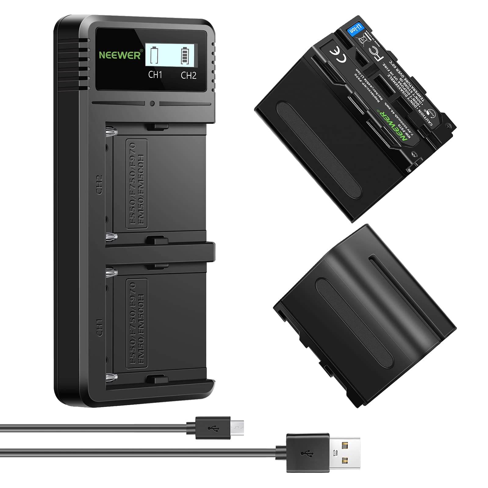 Fast Charger Dual USB Charger with 2-Pack 8800mAh Replacement NP-F970 Batteries, Compatible with Sony NP-F970 NP-F960 NP-F950 NP-F930 NP-F570 NP-F550 NP-F530 NP-F330 Battery and Sony Handycam