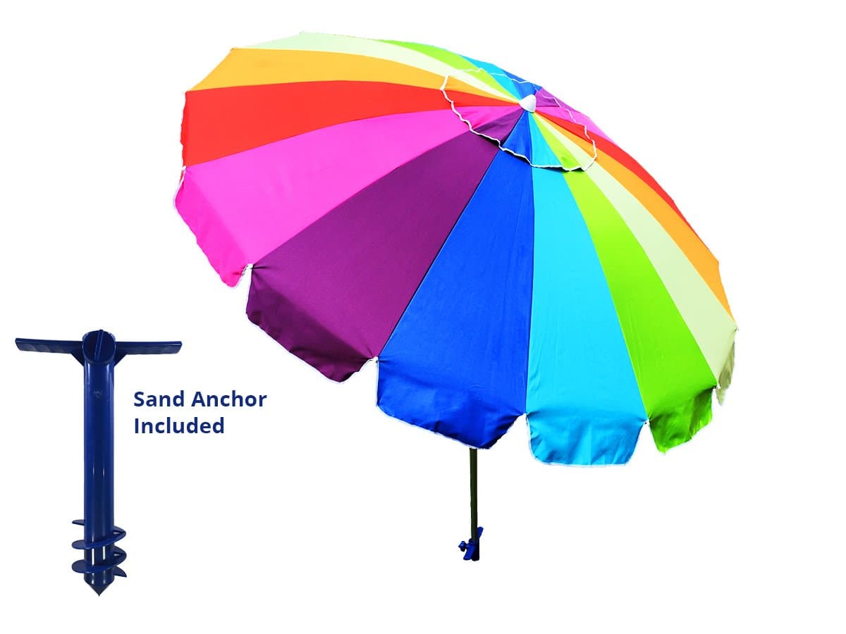 Giant 8' Rainbow Beach Umbrella, With UV Protection, Includes Large Sand Anchor, Sturdy And Windproof