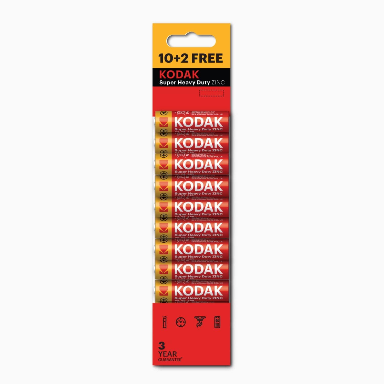 KODAK Super Heavy Duty 12-Pack AA Batteries, Double A Battery Pack, Carbon Zinc 1.5V, 3-Year Shelf Life, Disposable Household Batteries for Low-Drain Devices, R6P, Blister Packed (10+2 Count)