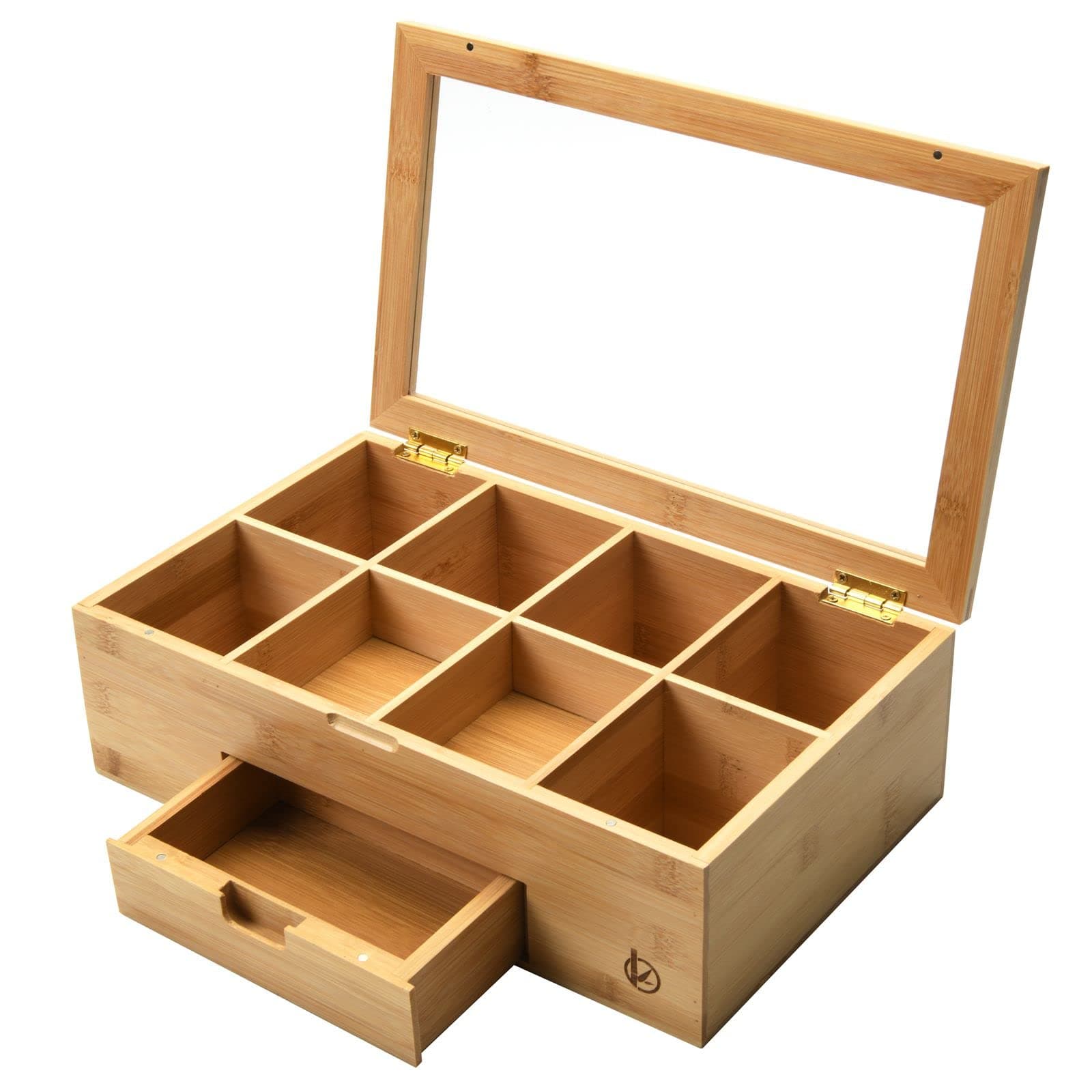Bamboo Tea Box with Small Drawer, Taller Size Tea Bag Storage Organizer Holds 140+ Standing or Flat Tea Bags, Tea Chest Holder Caddy with 8 Compartments, Natural Wooden Color