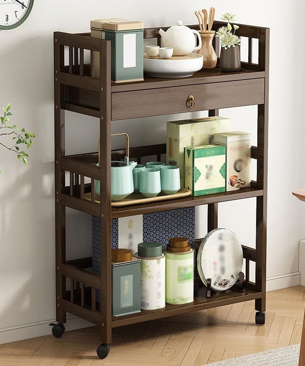 C&C Home Multipurpose Dining Moveable Rolling Kitchen Wooden Trolley Cart Multifunctional Storage Cabinet Portable Stand Countertop Home Kitchen Shelves and Organizer 68.5x30x92cm