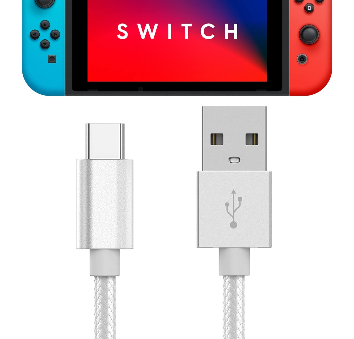 TALK WORKS Nintendo Switch Charger USB C Braided Nylon Cable Accessory - Extra Long 6' Flexible Charging Cord For Switch Lite / OLED (Silver)