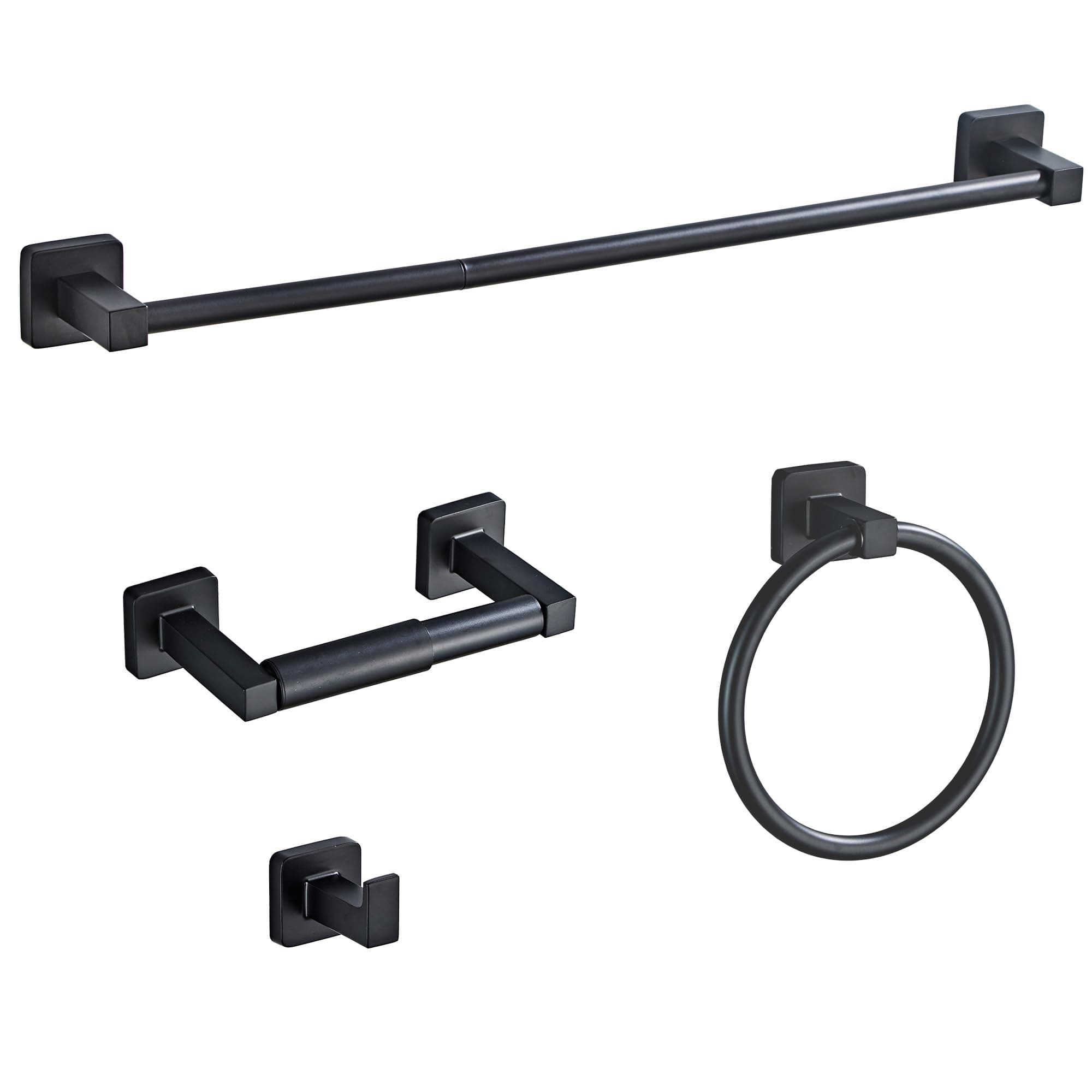 Matte Black Bathroom Hardware Set 4 Pieces,Bathroom Accessories Set Stainless Steel Wall Mounted, Hand Towel Bar, Towel Ring, Robe Towel Hooks,Toilet Paper Holder,Towel Bar Set, 23.6 Inch