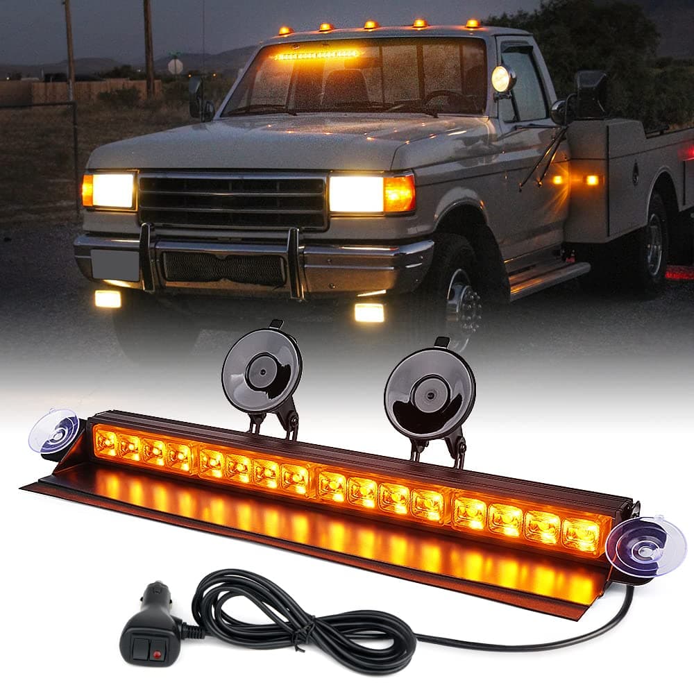 Xprite Amber LED Strobe Light Bar, Front Windshield Dash Deck Hazard Warning Flashing Traffic Caution Lights w/Suction Cups, for Emergency Construction Vehicles POV Trucks EMS Snowplow