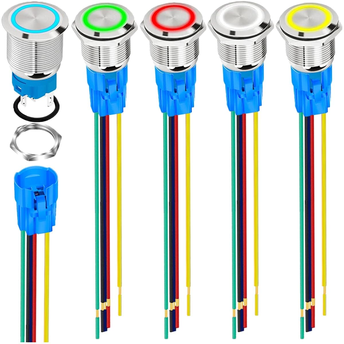 5Pcs 16mm Silver Shell Momentary Push Button Switch LED(Red/Blue/Green/Yellow/White) IP65 Waterproof DC 12V 1NO 1Normally Self-Reset Toggle Switch for Auto Car Boat RV with Wire Socket Plug