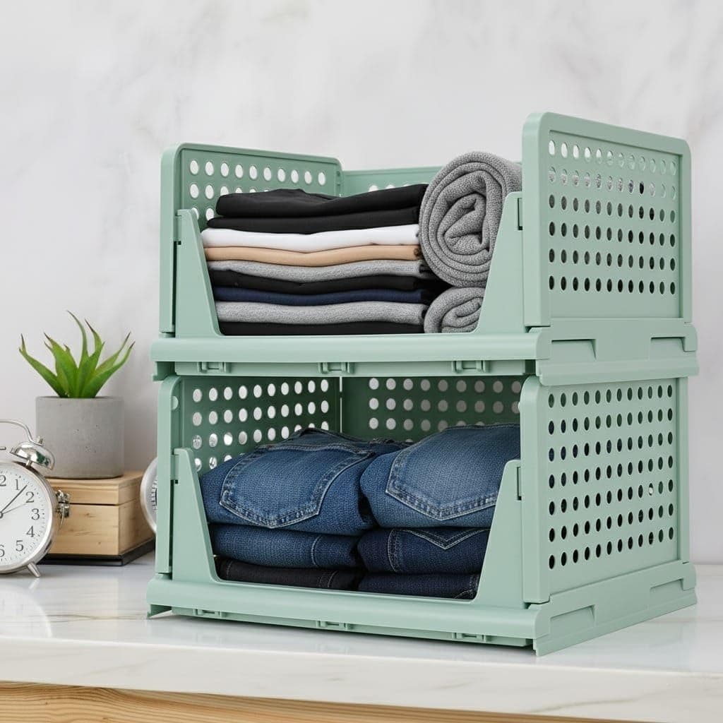 MECHDEL | Wardrobe Organizer For Clothes | Cupboard Organizer | Foldable Shirt Stacker Box | Cloth Box for Almirah | Closet Storage Basket |Plastic Stackable Closet Organizer (Pista Green, 2PCS)
