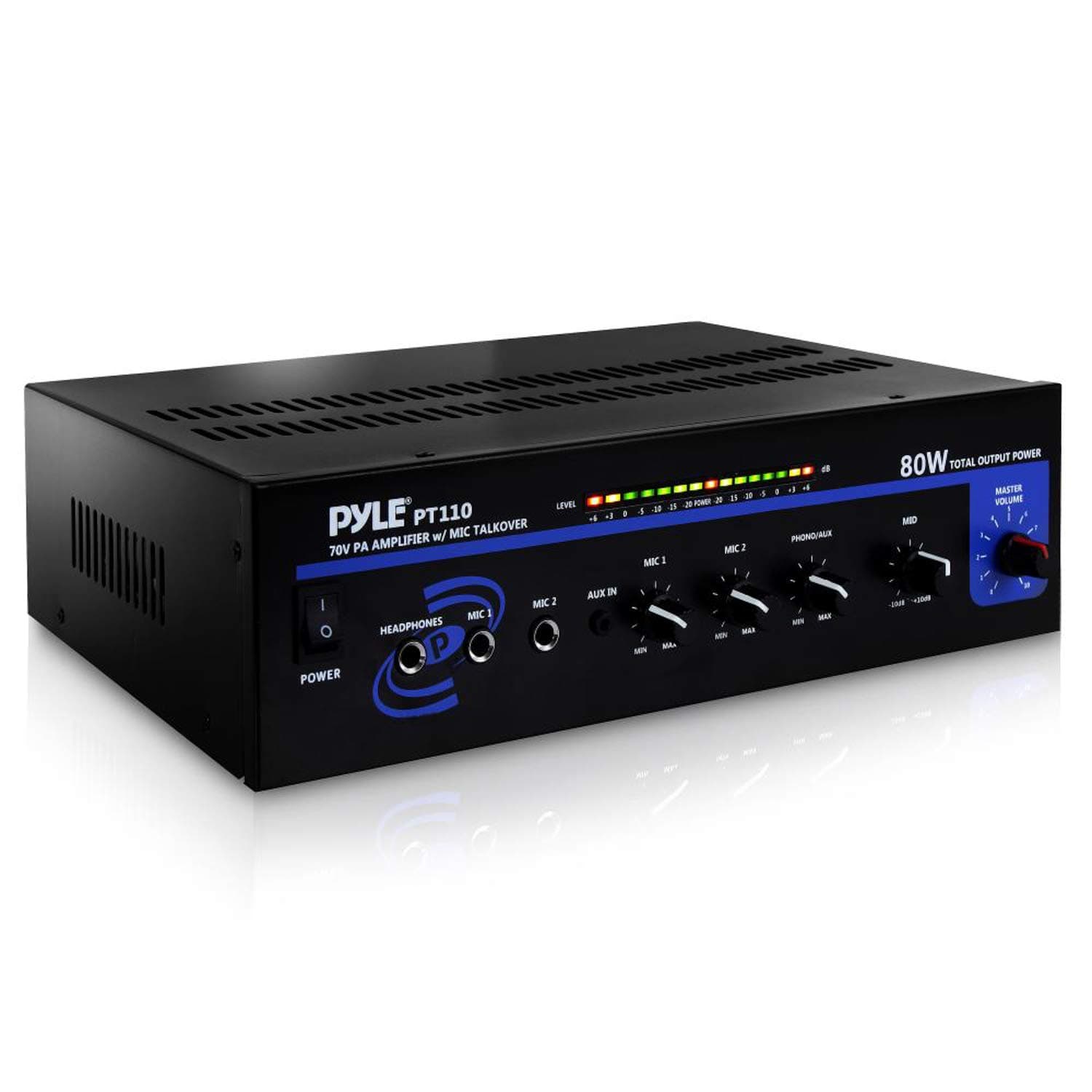Pyle Compact Mono Public Address Amplifier - Professional 80 Watt Peak 70v PA Amplifier for Restaurants or Commercial Applications, 2 Mic Inputs With Independent Volume Control, Headphone In - PT110