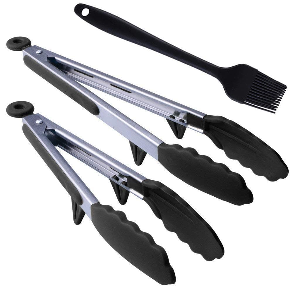 Kitchen Utensils Set 3 Cooking Utensils Set, Basting Brush, Silicone Tongs 9"and 12"- Non-slip and Easy Grip Stainless Steel Handle - Smart Locking Clip