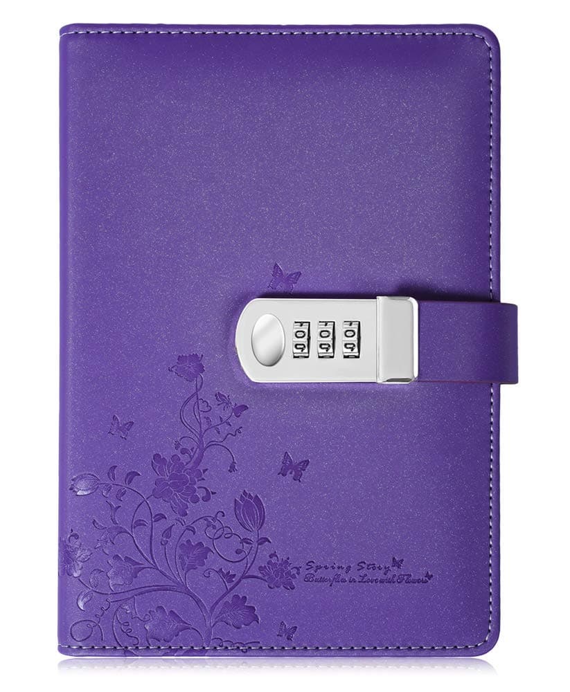 koboome PU Leather Diary with Lock, A5 Size Journal with Combination Lock Creative Password Notebook Locking Personal Diary (Purple)