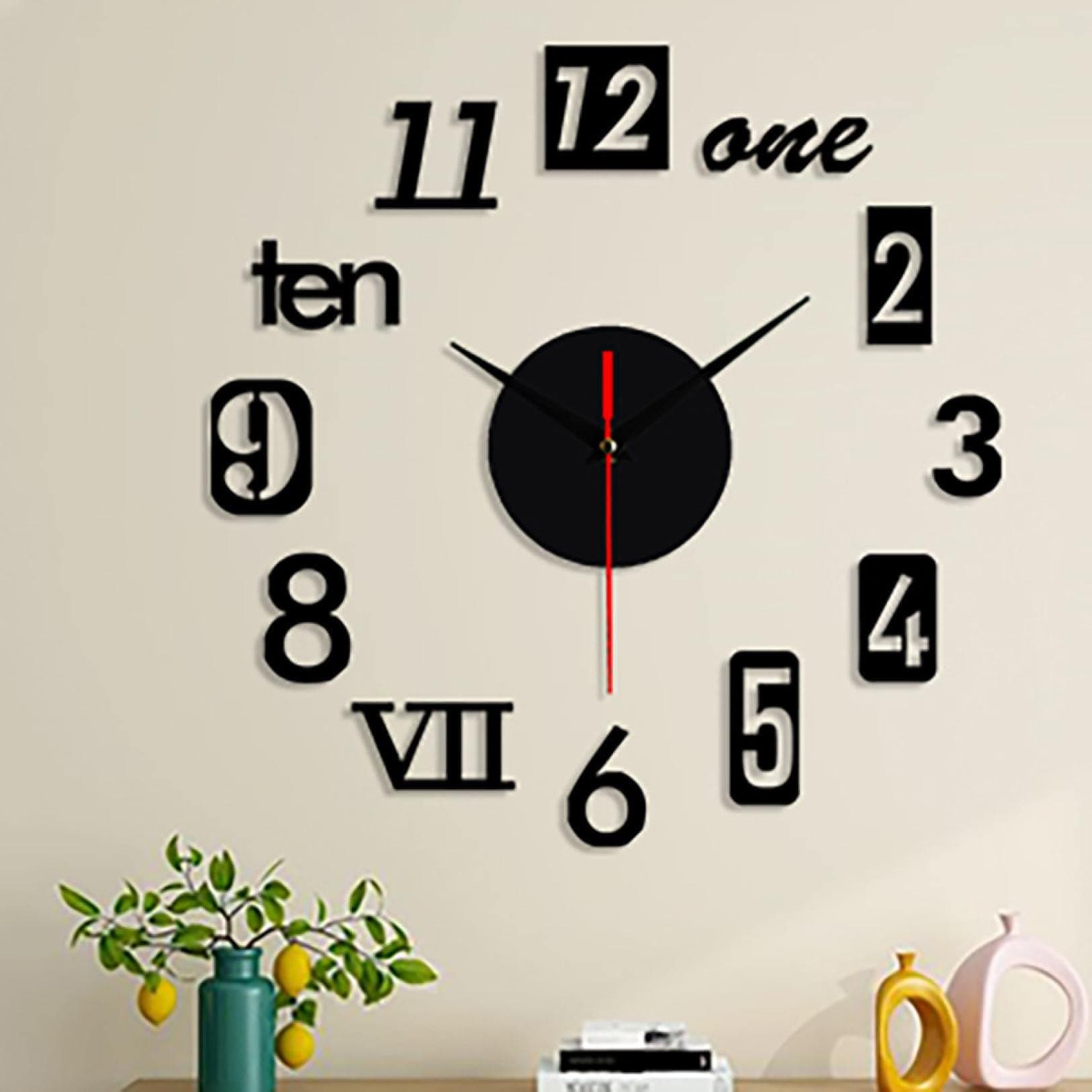 wall & clock Frameless DIY 3D Large Acrylic Digital Modern Stick-on Wall Clocks for Living Room Kitchen Bedroom Office Home Decor (YA-Black)