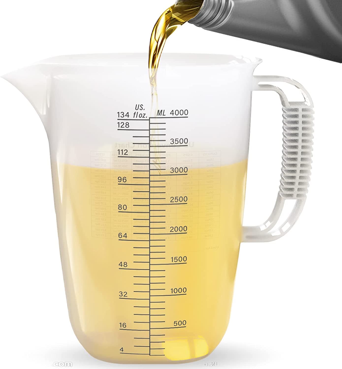 1 Gallon 134oz Measure Pitcher,US Conversion Chart, Extra Large Plastic Measuring Cup-Strong Food Grade, Graduated Mixing Pitcher for Lawn, Pool Chemicals,Home Hobbies,Motor Oil and Fluids