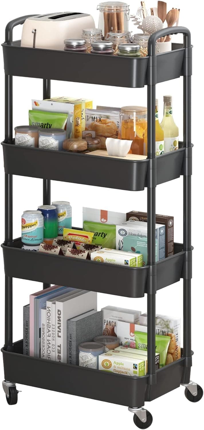 – Kitchen Trolley with Wheels, Kitchrn Rolling Utility Cart with Handle, Plastic Multi-Functional Storage Trolley for Office, Living Room, Kitchen, Movable Storage Organizer (black, 99x37x26cm)