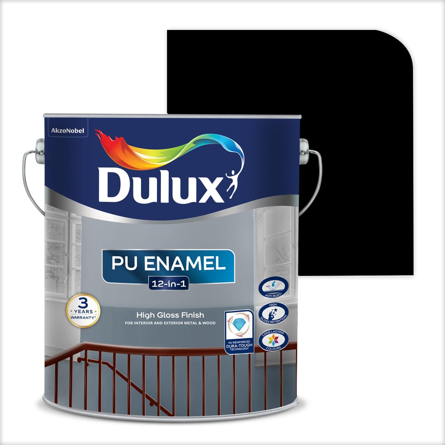 Dulux PU Enamel Black 500 ml High Gloss Finish Paint for Interior Exterior Metal & Wood Surfaces with Fast Drying Anti-Rust & Complete Coverage